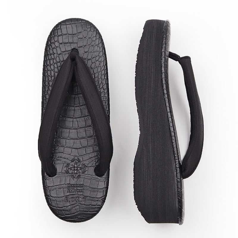 【Kimono-Factory-nono】菱屋カレンブロッソ 本場縞大島カフェ草履 クロコ/黒×黒 H-20 #女性用