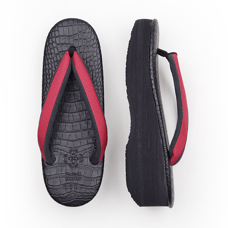 【Kimono-Factory-nono】菱屋カレンブロッソ 本場縞大島カフェ草履 クロコ/黒×赤 H-25 #女性用