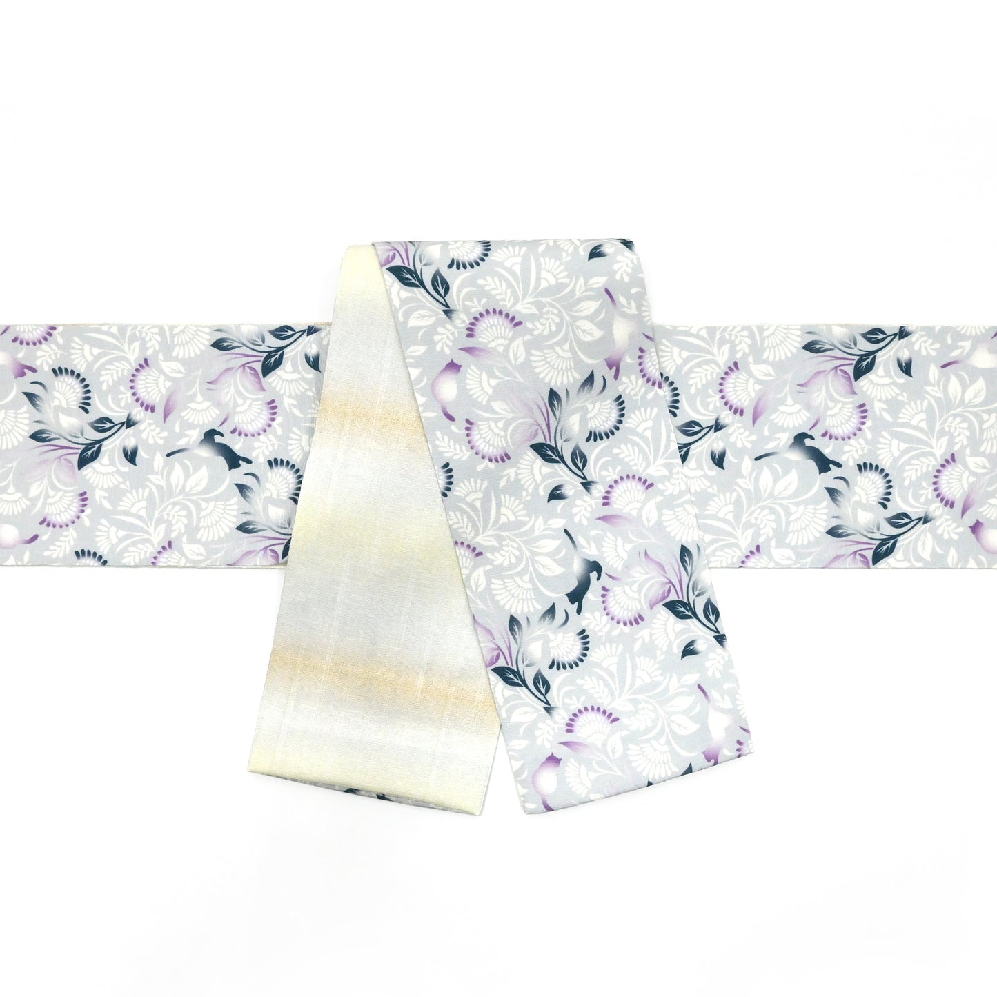 カジュアル半巾帯 ネコと唐花 白銅色