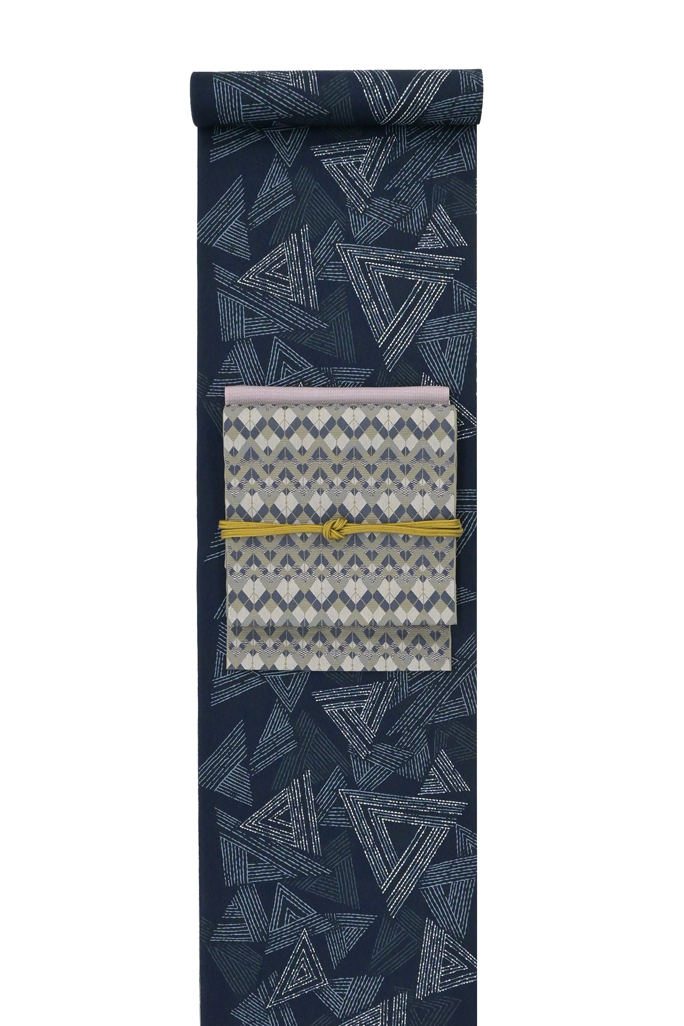 おしゃれ八寸なごや帯 仕立て上がり ジグザグタイル 柳茶