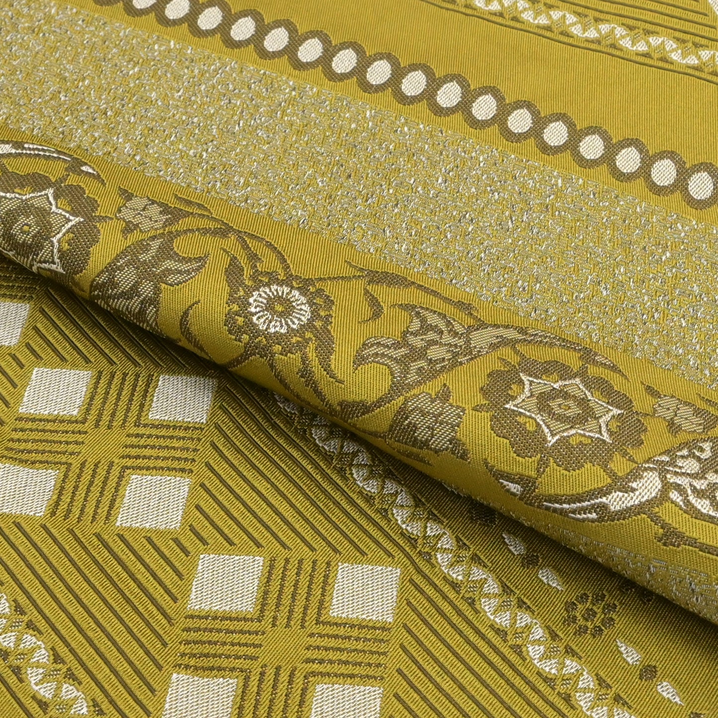 おしゃれ八寸なごや帯 仕立て上がり 横段異国紋 芥子色