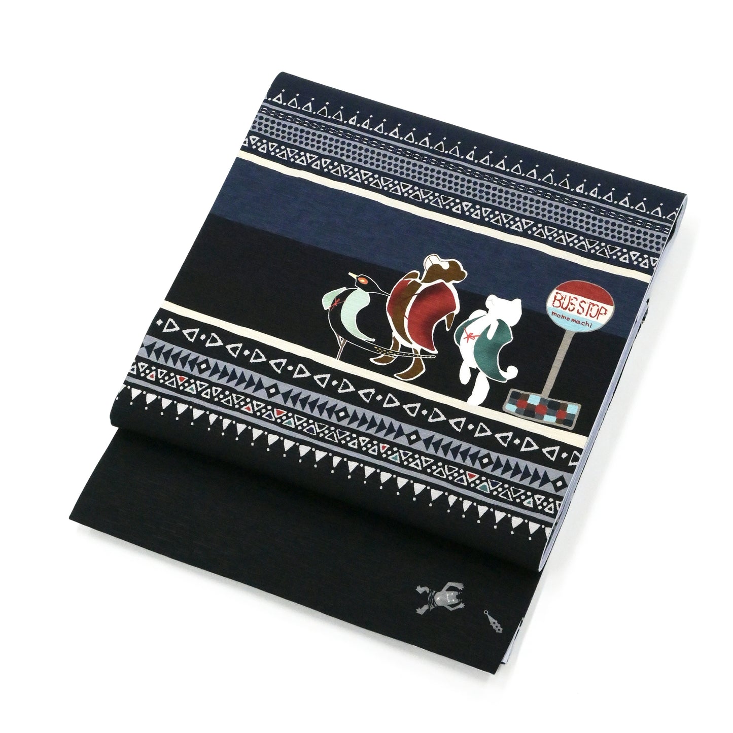 【WA・KKA】 京袋帯 正絹 「桃太郎交通社」 紺 仕立て上がり