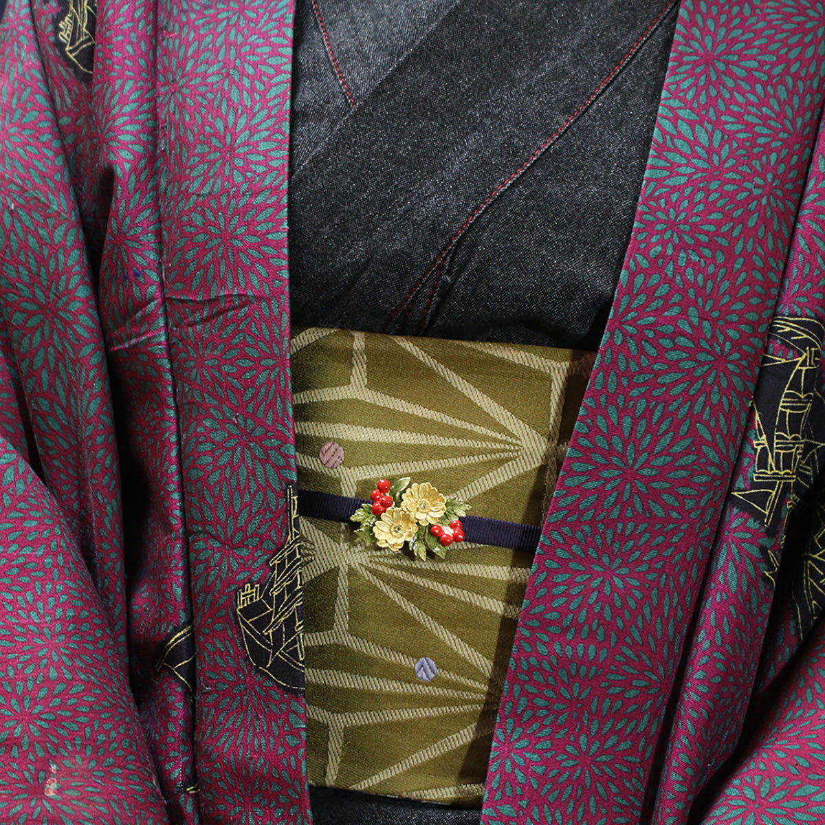 【数-SUU-】帯留め「南天と福寿草」