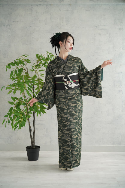 東レシルック 小紋 ～fuku～「カモフラージュ」グリーン 【袷・単衣用】