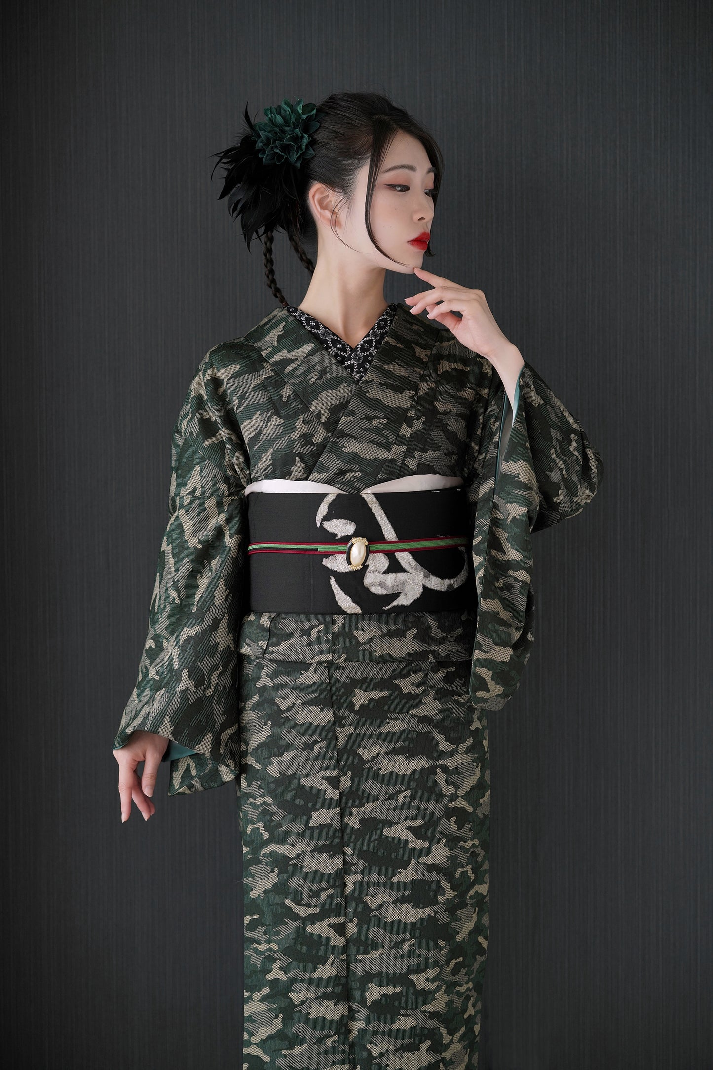 東レシルック 小紋 ～fuku～「カモフラージュ」グリーン 【袷・単衣用】