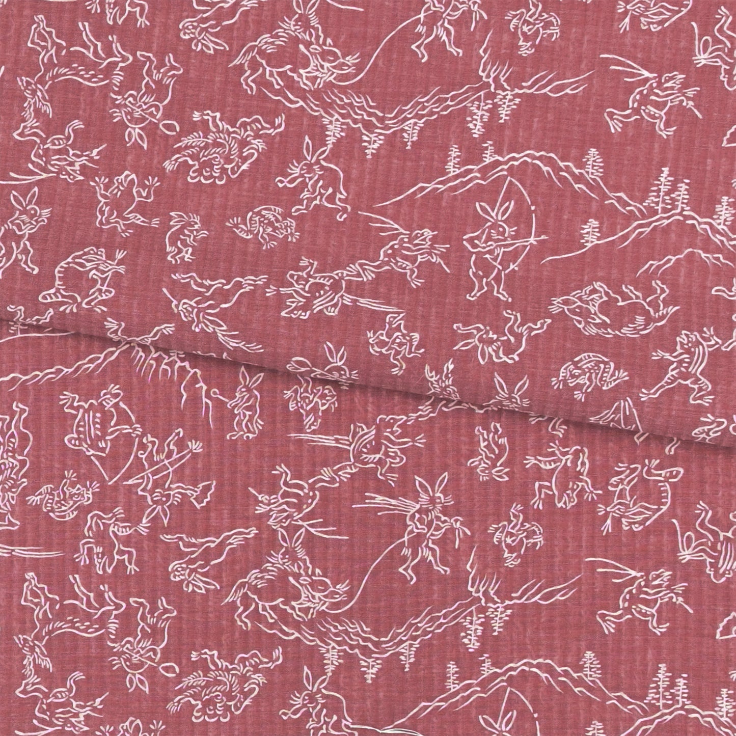 【東レ爽竹】スリーシーズン 長襦袢　「鳥獣戯画」　エンジ