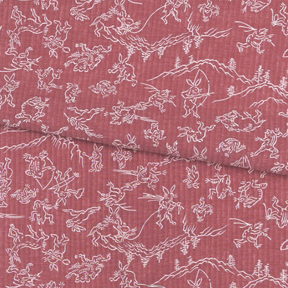 【東レ爽竹】スリーシーズン 長襦袢　「鳥獣戯画」　エンジ