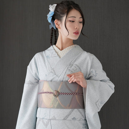 東レシルック 小紋 ～fuku～「雷雲に四神」ブルーグレー 【袷・単衣用】