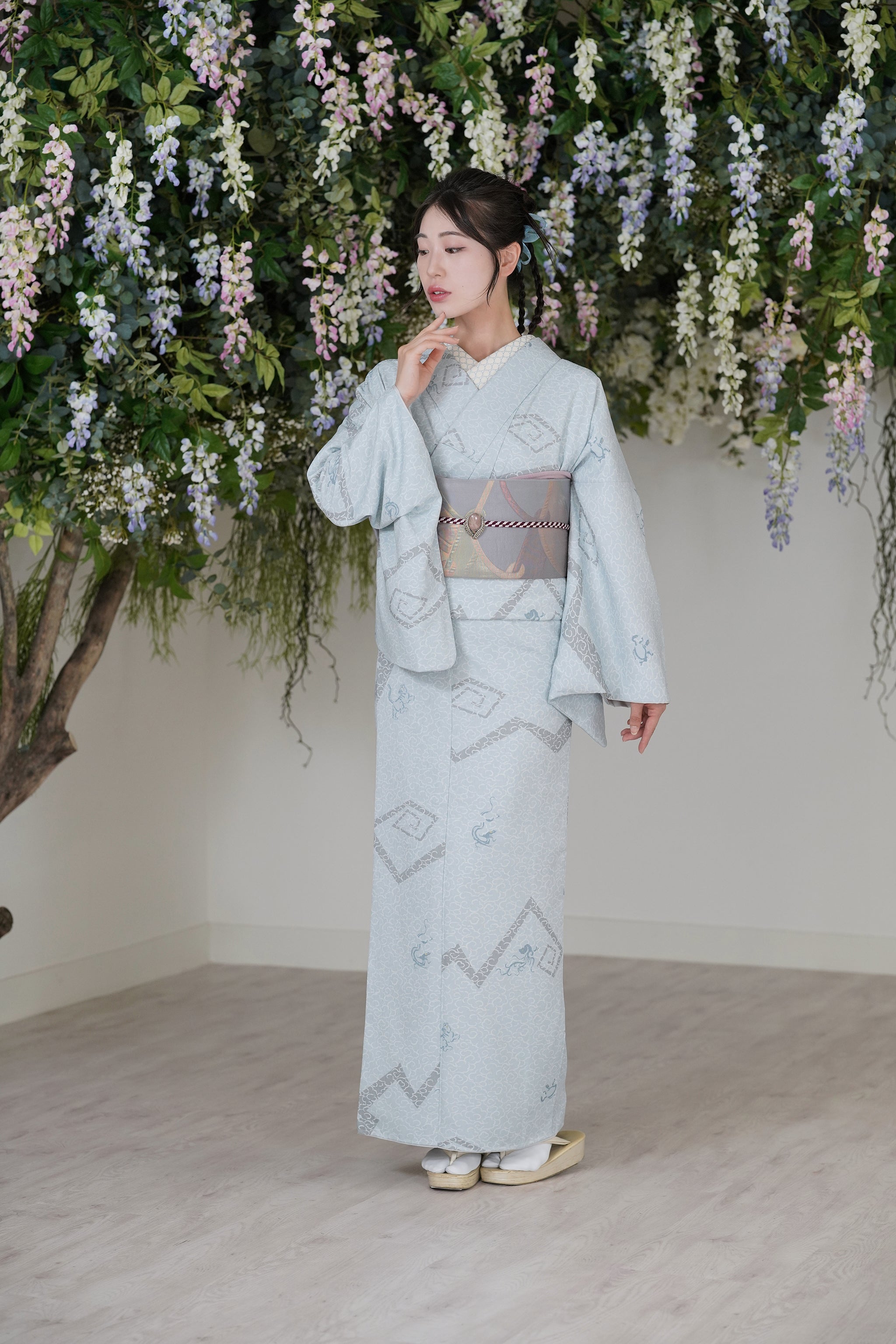 ご予約品☆2点おまとめ　着物&帯　裄長め　ブルーグレーが綺麗な型染め小紋 裄長め ブルーグレーが綺麗な型染め小紋