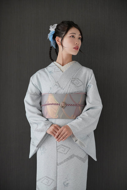 東レシルック 小紋 ～fuku～「雷雲に四神」ブルーグレー 【袷・単衣用】