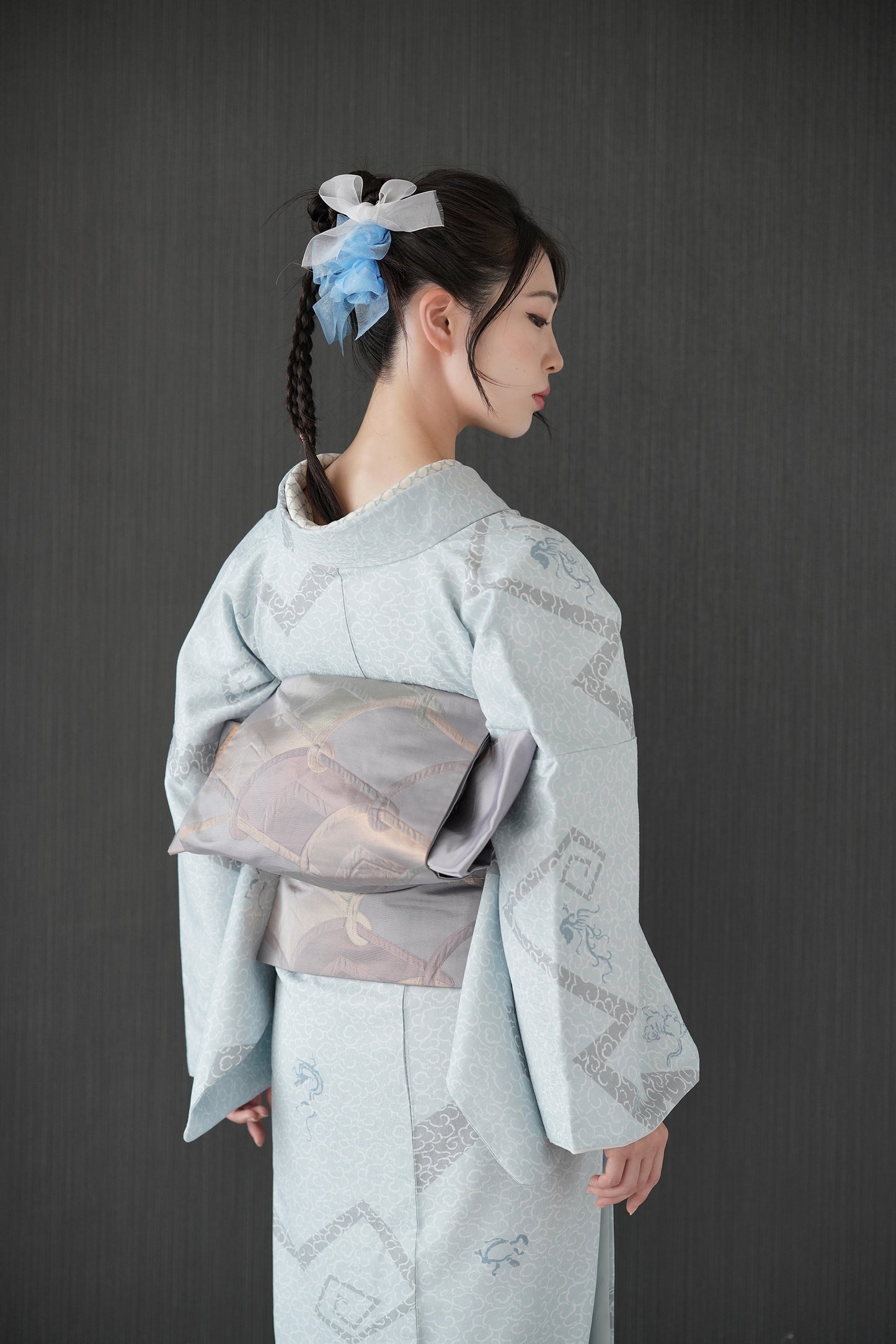 東レシルック 小紋 ～fuku～「雷雲に四神」ブルーグレー 【袷・単衣用】