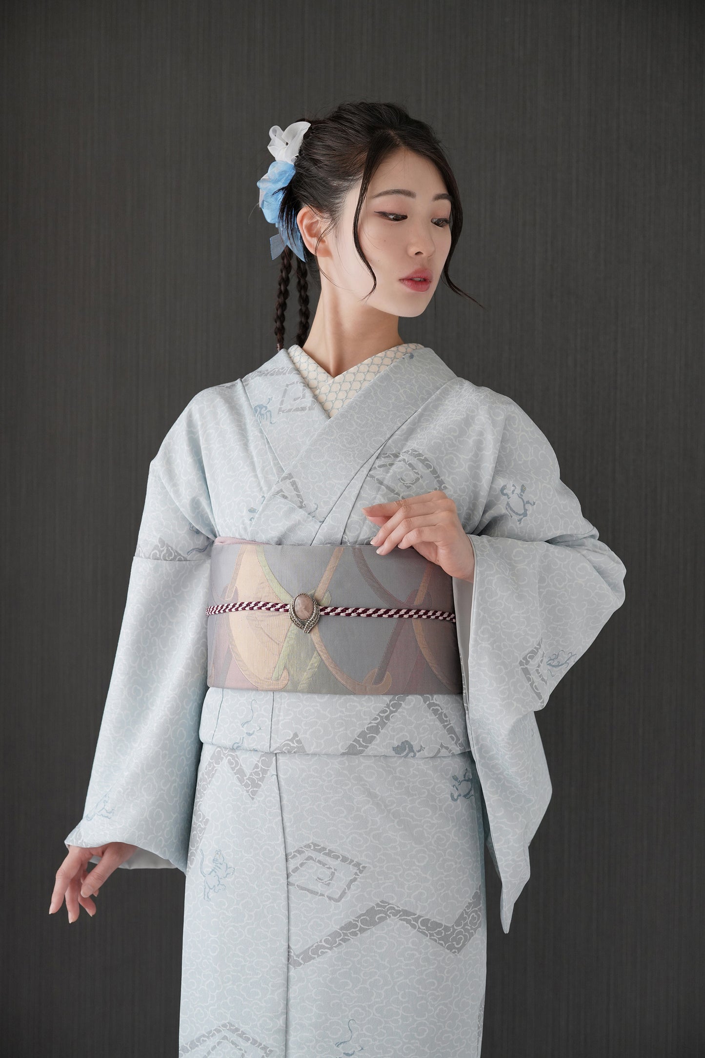 東レシルック 小紋 ～fuku～「雷雲に四神」ブルーグレー 【袷・単衣用】