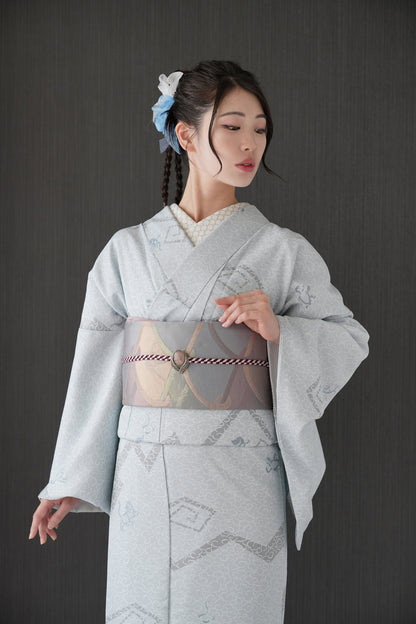 東レシルック 小紋 ～fuku～「雷雲に四神」ブルーグレー 【袷・単衣用】