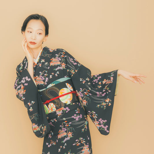 ☆美しいキモノ2025冬号79ｐ掲載☆東レシルック 小紋 ～kifkif～「古都」 漆黒 【袷・単衣用】