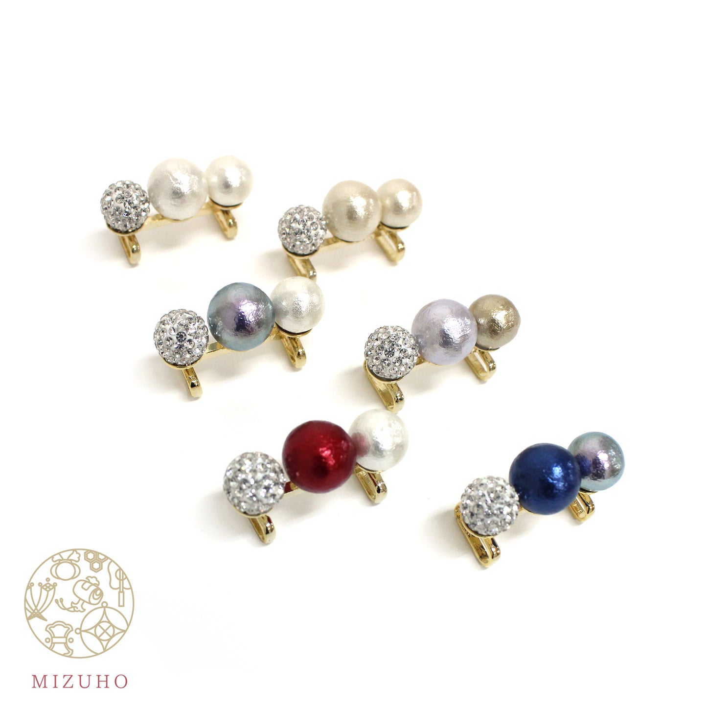 【MIZUHO】コットンパール帯留め 3粒クリスタル 6カラー
