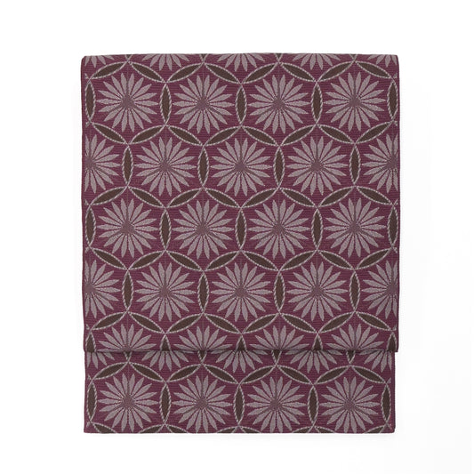 おしゃれ八寸なごや帯　仕立て上がり　七宝花紋　赤紫