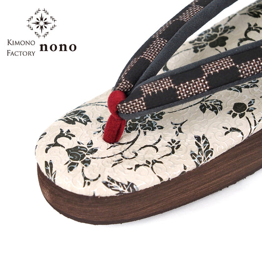 【Kimono-Factory-nono】菱屋カレンブロッソ 本場大島紬カフェ草履 唐草/オフホワイト F-12 #女性用