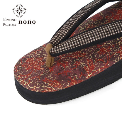 【Kimono-Factory-nono】菱屋カレンブロッソ 本場大島紬カフェ草履 唐草/バーガンディー F-13 #女性用