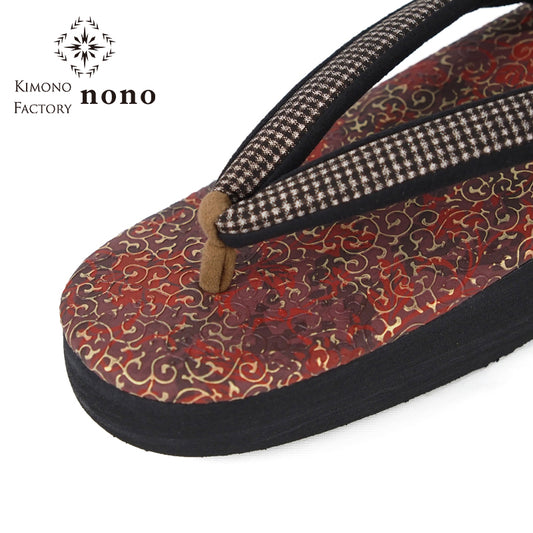 【Kimono-Factory-nono】菱屋カレンブロッソ 本場大島紬カフェ草履 唐草/バーガンディー F-13 #女性用