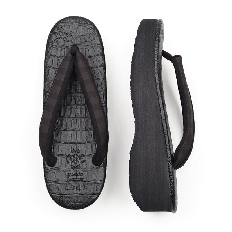 【Kimono-Factory-nono】菱屋カレンブロッソ 本場縞大島カフェ草履 クロコ/ブラック Y-4 #女性用